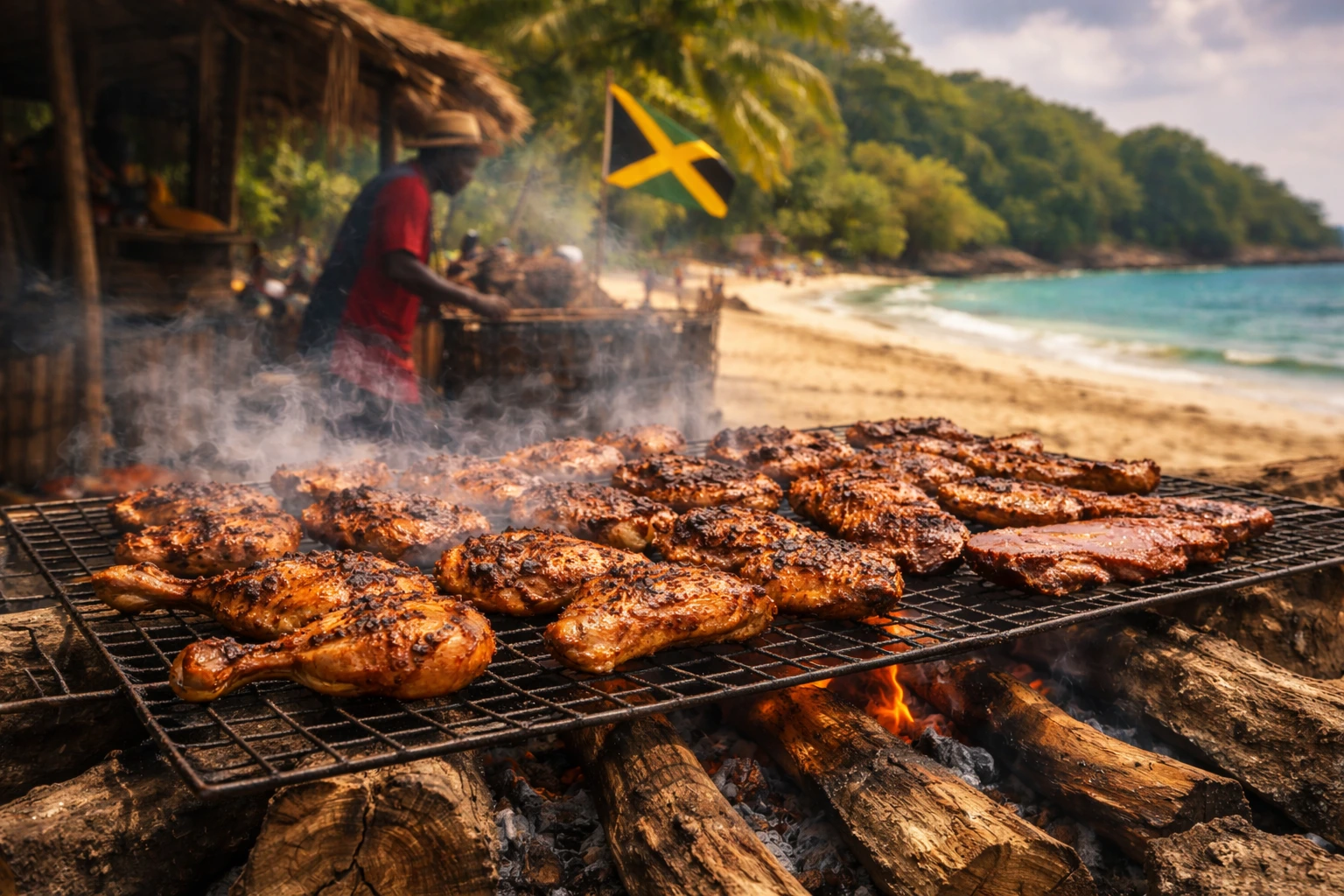 Authentic Jamaican jerk cooking at Boston Bay Portland Jamaica