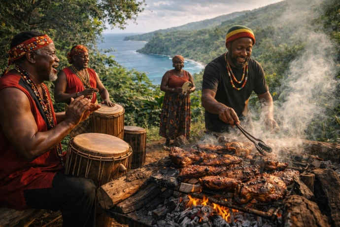 Authentic Jamaican jerk cooking at Boston Bay Portland Jamaica