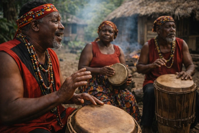 Maroon Heritage Drumming and Storytelling Maroon drumming and storytelling during cultural tour in Portland Jamaica