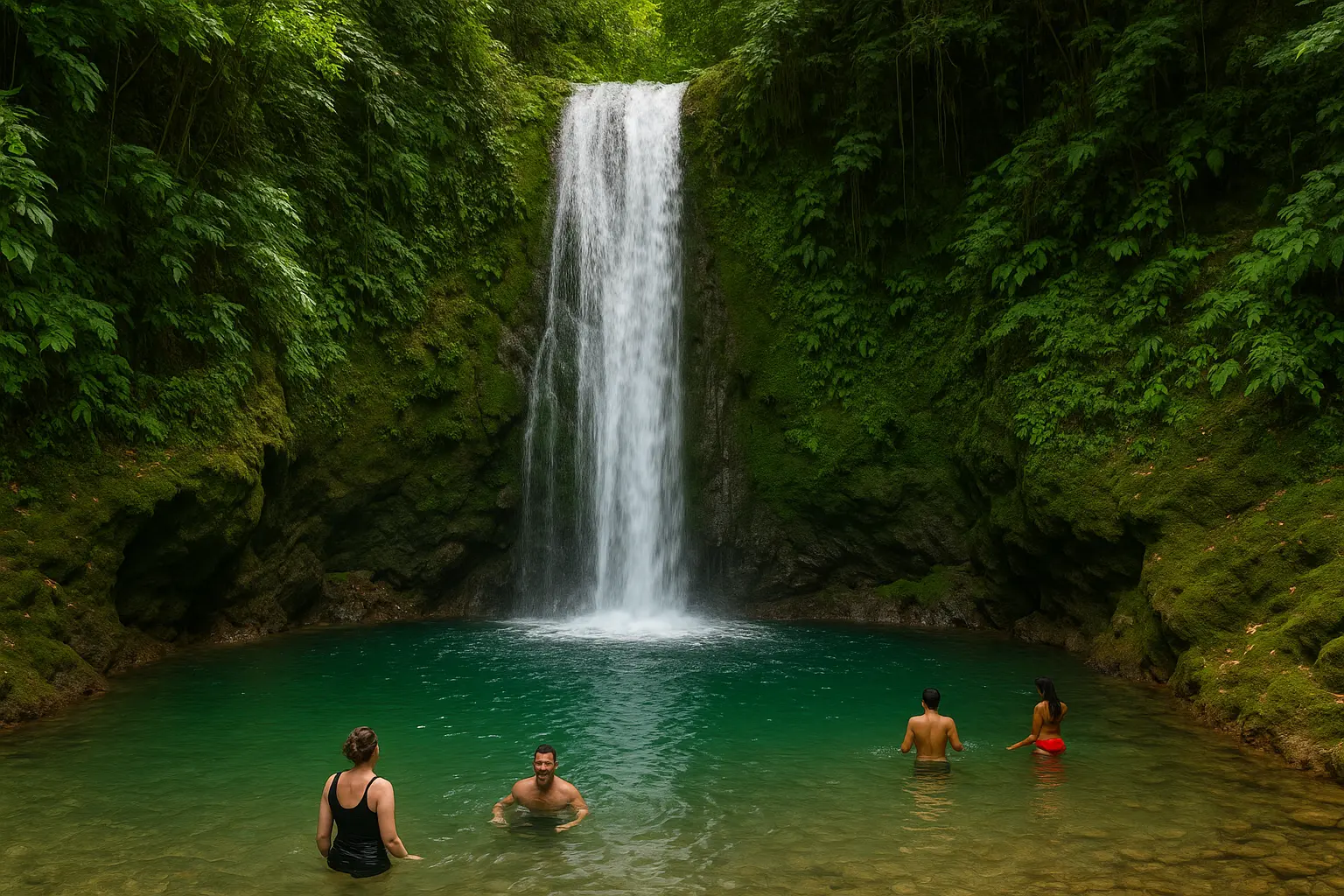 Visitors enjoying Nanny Falls waterfall in Moore Town Portland Jamaica