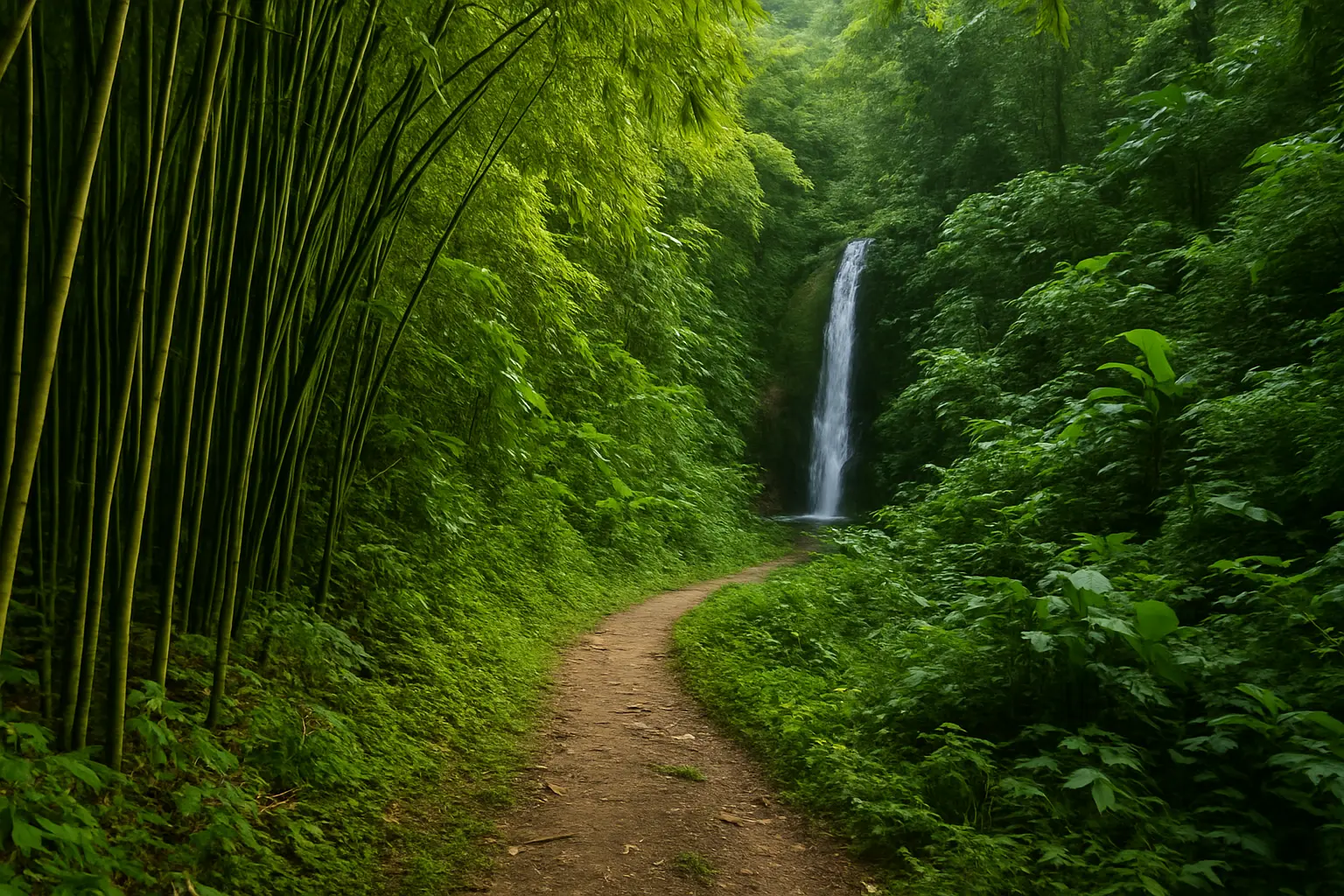 Hiking trail through bamboo forest on the way to Nanny Falls Portland Jamaica.