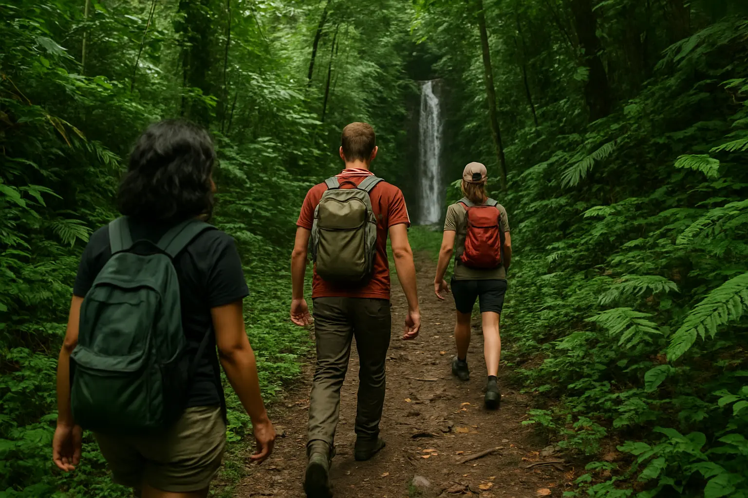 Hikers walking the rainforest trail toward Nanny Falls.