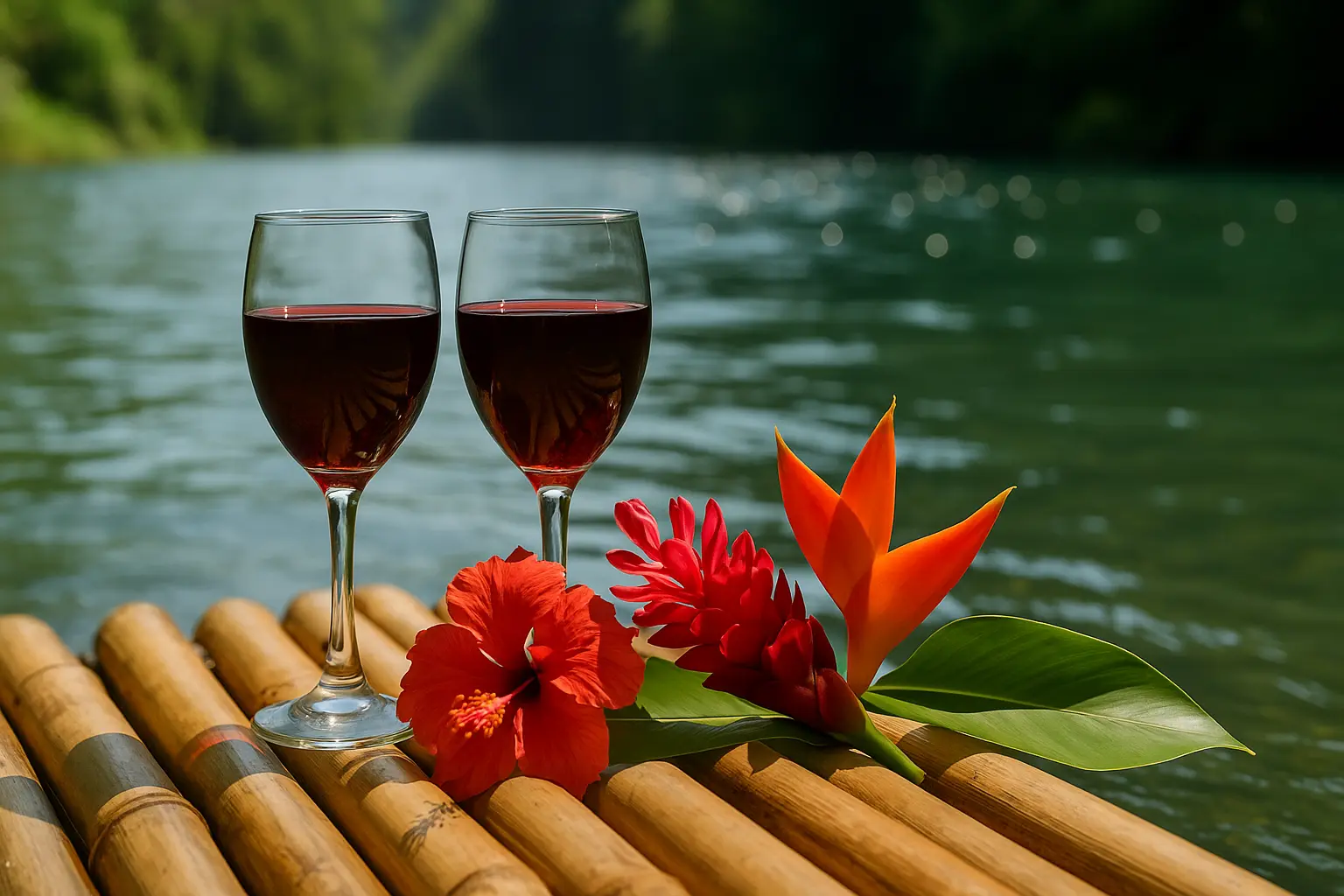 Romantic rafting with wine and flowers in Portland Jamaica