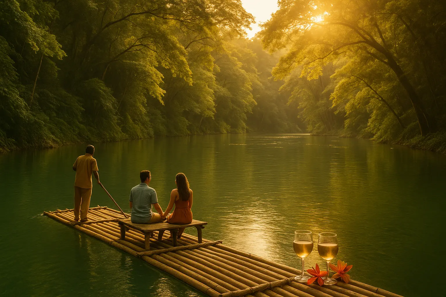 Romance tours in Portland Jamaica – bamboo rafting couple at golden hour