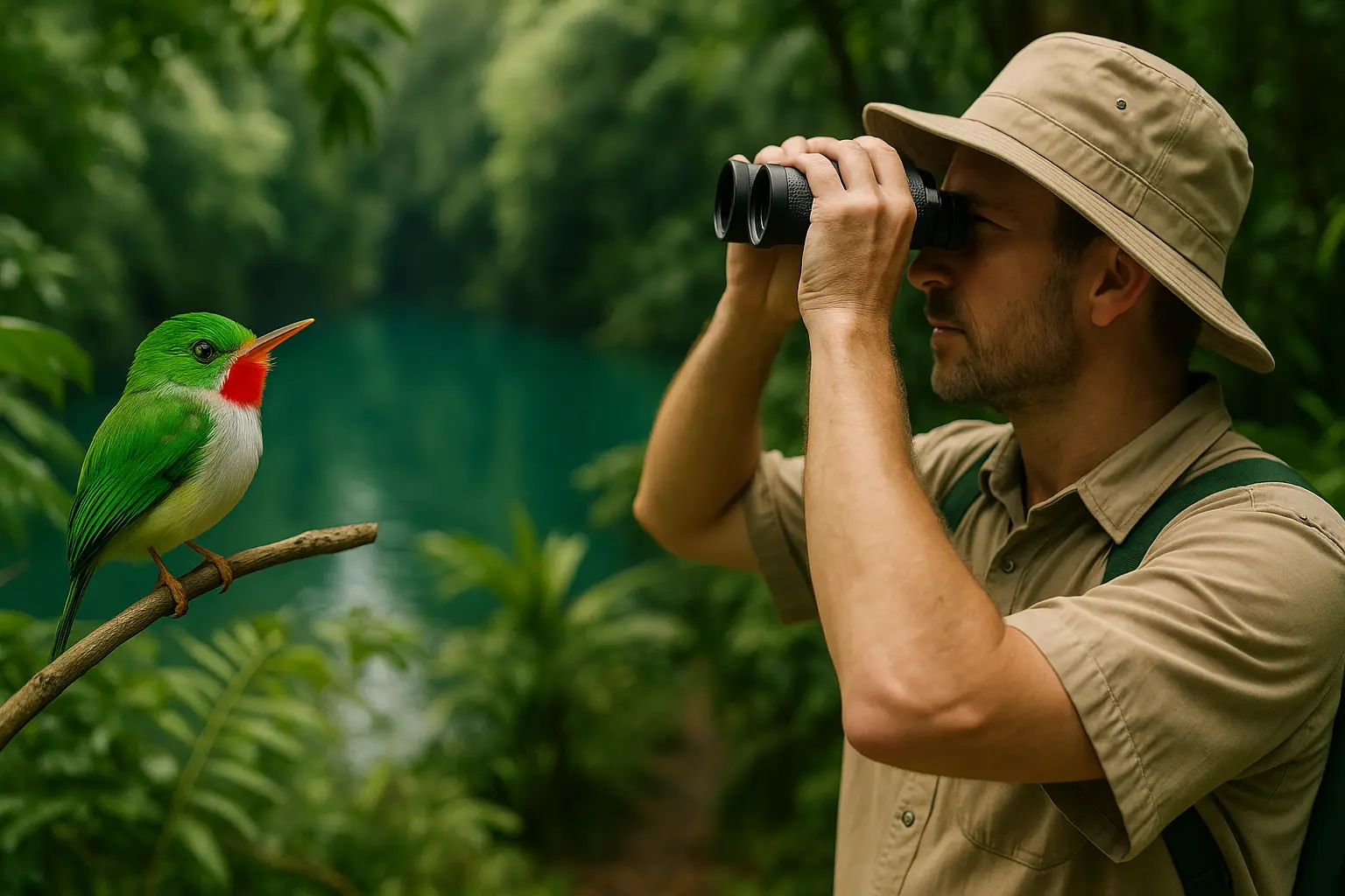 Birdwatching Jamaica – Blue Lagoon Wildlife Tour Birdwatching Jamaica – traveler spotting Jamaican Tody near Blue Lagoon Portland